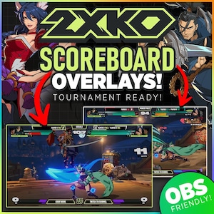 May include: A green and black video game overlay with the text "2XKO SCOREBOARD OVERLAYS! TOURNAMENT READY!" and "OBS FRIENDLY!" The overlay features a video game scene with two characters fighting. The overlay also includes a scorecard with the text "CASUALS", "PLAYER 3 TG/PLAYER 4 TIG", "107", "98", "94", "11", "P2", "EVENT NAME", "TWITCH.TV/CHANNEL", and "TWITCH.TV/CHANNEL".
