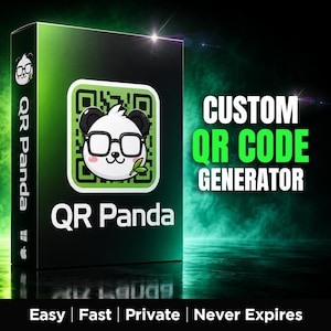May include: A black box for the QR Panda custom QR code generator software. The box features a green gradient, a panda icon with glasses, and the text "QR Panda," "CUSTOM QR CODE GENERATOR," and "EASY | FAST | PRIVATE | NEVER EXPIRES."