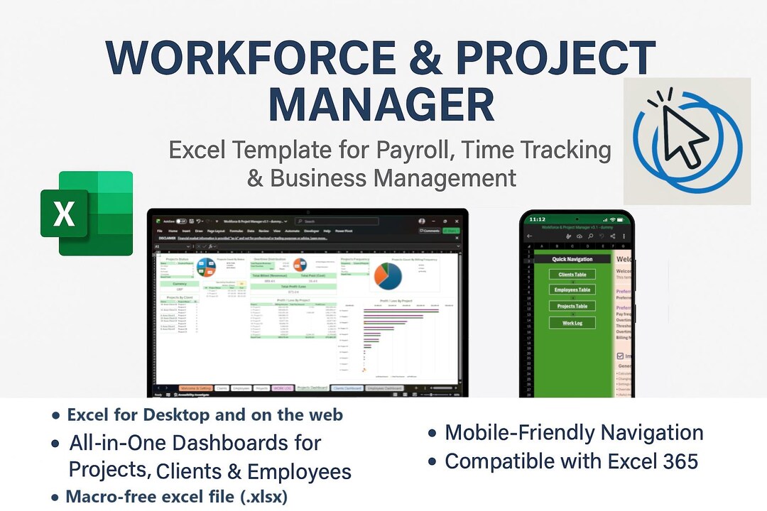 Workforce & Project Manager | Excel Template for Payroll, Time Tracking ...