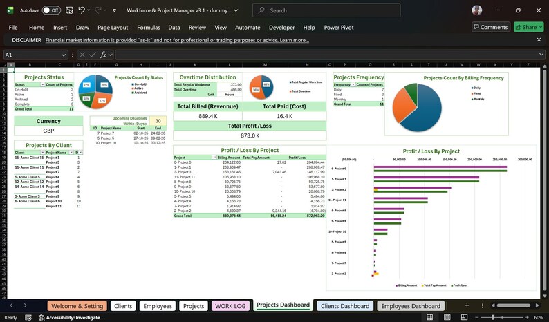 Workforce & Project Manager | Excel Template for Payroll, Time Tracking ...