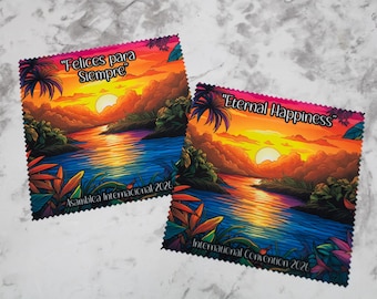May include: Two colorful square prints with a tropical sunset scene. One reads "Eternal Happiness" and the other "Felices para Siempre". Both include text about an International Convention 2026.