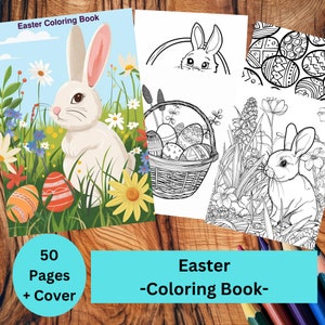 Easter Themed Coloring Page Book, Fun for Adults + Kids, Instant Download Printable PDF, Coloring Pages, Easter Bunny, Easter Eggs, +More