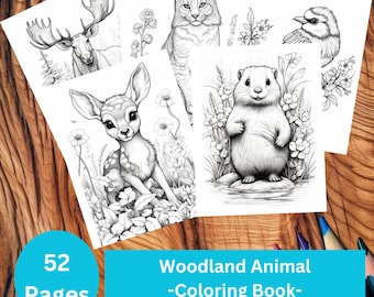52 Cute Woodland Animal Coloring Page Book, Adults + kids, Printable PDF, Moose, Squirrel, Fox, Bear, Raccoon, Lynx, Beaver, + More Pages