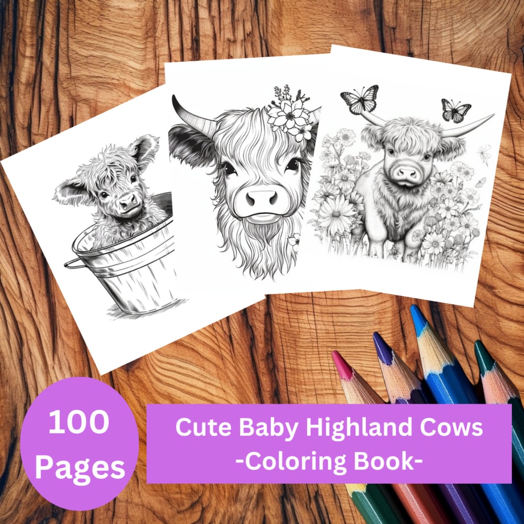 100 Cute Baby Highland Cows Coloring Page Book, Adults Kids, Cow