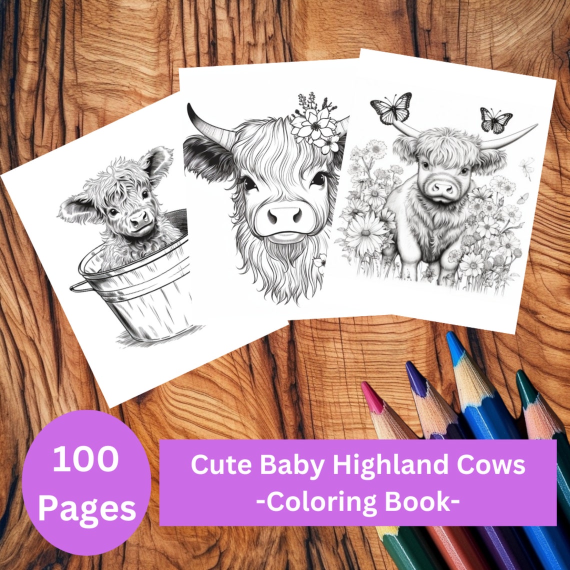 100 Cute Baby Highland Cows Coloring Page Book, Adults + Kids, Cow ...