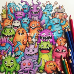 20 Cute Tiny Monster Coloring Page Book | Fun for Adults and Kids- Instant Download Printable PDF, Grayscale Coloring Pages