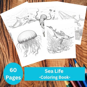 Sea Life Coloring Book, Kids + Adults, Instant Download Coloring Pages - Printable PDF, Grayscale, Shark, Jelly Fish, Star Fish, Whale, ect