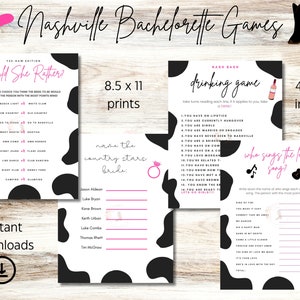 May include: Four printable bachelorette party games with a cow print background. The games include "Would She Rather", "Name the Country Stars Bride", "Nash Bash Drinking Game", and "Who Sings the Love Song?"