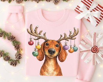 Camiseta navideña de perro salchicha, idea de regalo para mamás perrunas, sudadera con lindo perro salchicha, sudadera navideña con reno y perro salchicha, regalo festivo para amantes de los cachorros