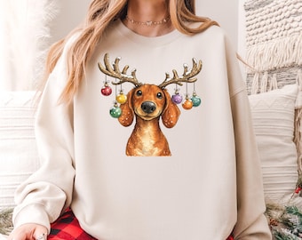 Sudadera navideña para perros salchicha, regalo para mamás perrunas, sudadera de cuello redondo con diseño de reno y perro salchicha, linda camiseta navideña para perros salchicha, ropa de invierno para perros salchicha