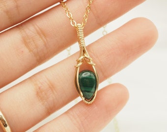 Malachite Wire Wrapped Pendant, Mini Gemstone Necklace, Gold Fill Wire Wrap, Green Gemstone Jewelry, Gifts for Her, Malachite Gemstone