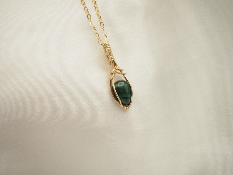 Malachite Wire Wrapped Pendant, Mini Gemstone Necklace, Gold Fill Wire Wrap, Green Gemstone Jewelry, Gifts for Her, Malachite Gemstone image 6