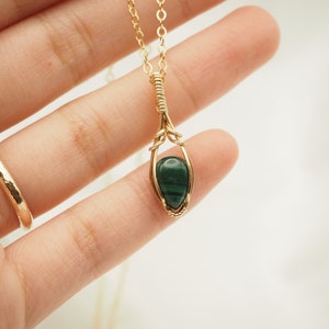 Malachite Wire Wrapped Pendant, Mini Gemstone Necklace, Gold Fill Wire Wrap, Green Gemstone Jewelry, Gifts for Her, Malachite Gemstone image 2