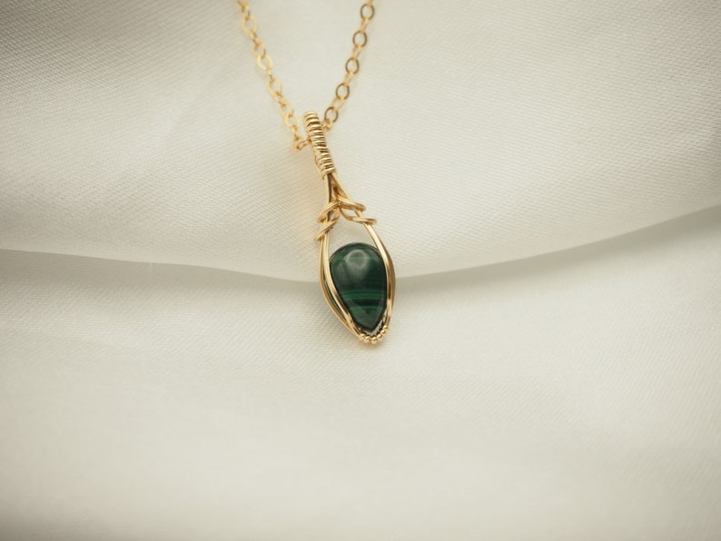 Malachite Wire Wrapped Pendant, Mini Gemstone Necklace, Gold Fill Wire Wrap, Green Gemstone Jewelry, Gifts for Her, Malachite Gemstone image 4