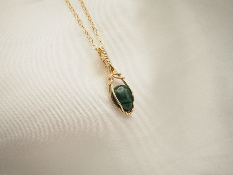 Malachite Wire Wrapped Pendant, Mini Gemstone Necklace, Gold Fill Wire Wrap, Green Gemstone Jewelry, Gifts for Her, Malachite Gemstone image 5