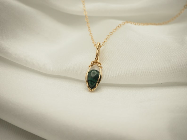 Malachite Wire Wrapped Pendant, Mini Gemstone Necklace, Gold Fill Wire Wrap, Green Gemstone Jewelry, Gifts for Her, Malachite Gemstone image 3