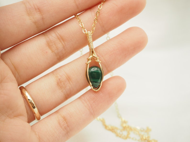 Malachite Wire Wrapped Pendant, Mini Gemstone Necklace, Gold Fill Wire Wrap, Green Gemstone Jewelry, Gifts for Her, Malachite Gemstone image 1