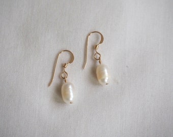 Pearl Pendant Earrings, Dainty Pearl Drop Earrings, 14K Gold Filled Earrings, Minimalist Pearl Jewelry, Gift For Her, Everyday Gold Earrings