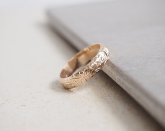 Floral Vintage Style Band, 14K Gold Filled Flower Ring, Gold Botanical Jewelry, Gift for Her, Gold Filled Heirloom Ring