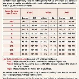 Peut inclure: Un tableau indiquant les tailles de vêtements pour femmes en pouces et en centimètres. Le tableau comprend les mesures du buste, de la taille et des hanches. Le tableau est intitulé "Vogue De Novo Women's Clothing Size Group Chart".