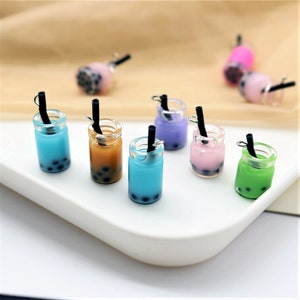 4 Assorted Miniature Boba Drink Cup Charm, Glass Cabochons with Straw, Assorted Color Cabochons, Boba Tea Cups Charm