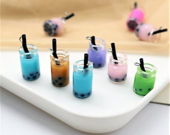 4 Assorted Miniature Boba Drink Cup Charm, Glass Cabochons with Straw, Assorted Color Cabochons, Boba Tea Cups Charm