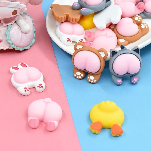 2pcs Kawaii Animal Cartoon Butt Cabochon, Rabbit, Pig, Bear, Duck, Cat, DIY Decoden, DIY Jewelry