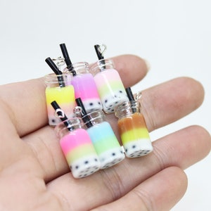 4 Assorted Miniature Boba Drink Cup Charm, Glass Cabochons with Straw, Assorted Color Cabochons, Boba Tea Cups Charm