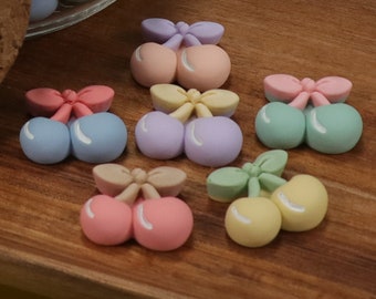 6 pcs Cartoon Cherries with Bows Cabochons, Resin Food, Fake Food, NON-EDIBLE