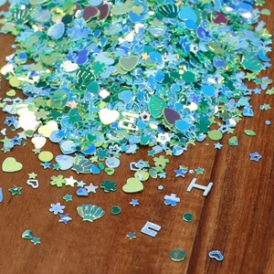 Aqua Green Blue Iridescent Seashell Heart Letter Mix Glitter, Mix Glitter, 3D glitter, Holo Shift Glitter, Sprinkle Toppings, Slime Supplies