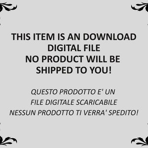 May include: Text overlay on a gray background with decorative black floral corner designs. The text reads: "This item is an download digital file. No product will be shipped to you!"  "Questo prodotto e' un file digitale scaricabile. Nessun prodotto ti verra' spedito!"
