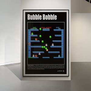 Puede incluir: Un póster de juego de arcade vintage para Bubble Bobble. El póster presenta un fondo negro con una captura de pantalla a color del juego en progreso. El texto "Bubble Bobble" está en letras blancas en la parte superior del póster. El póster también incluye el texto "1UP 133740", "HIGH SCORE 133740" y "2UP 00".