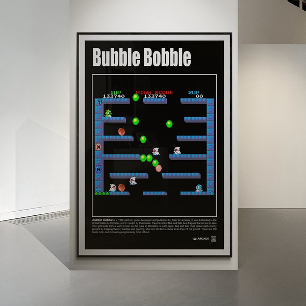 Bubble Bobble vintage arcade video game poster - downloadable file resolution 300 dpi video game