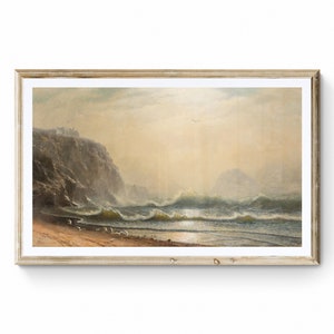 Può includere: Un dipinto incorniciato che rappresenta un paesaggio marino con una scogliera rocciosa in primo piano, onde che si infrangono e un cielo nebbioso con un solo uccello che vola sopra.