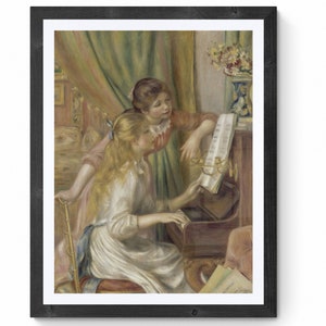 May include: A painting depicting two young women in a room. One woman is playing a piano while the other woman observes. The piano is brown and has a music book on it. The room is decorated with a floral arrangement in a blue vase.