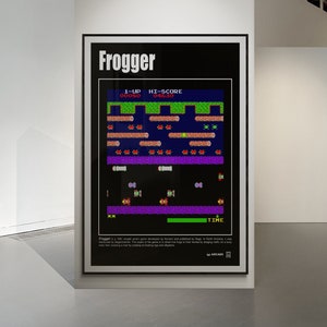 May include: A vintage arcade game poster for Frogger. The poster features a black background with a green and purple game screen showing the game in progress. The text "Frogger" is in white at the top of the poster. The text "1-UP 00080" and "HI-SCORE 04630" are displayed on the game screen. The text "TIME" is displayed at the bottom of the game screen. The poster also includes a description of the game and the text "ARCADE".