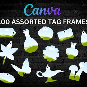 May include: 100 assorted tag frames with a variety of shapes, including a butterfly, a bottle, a lamp, a mushroom, a leaf, and a vase. The frames are all outlined in black and have a green and blue landscape design inside.