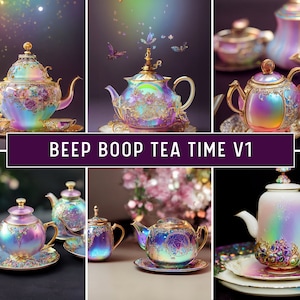 May include: A set of iridescent teapots and teacups with intricate floral designs. The teapots have a whimsical, fairy-like aesthetic with gold accents. The text "BEEP BOOP TEA TIME V1" is displayed on a purple banner.