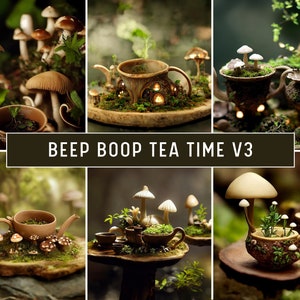 May include: A whimsical tea party scene featuring miniature teacups, teapots, and mushrooms arranged on wooden platforms. The teacups and teapots are crafted from ceramic and have a rustic, earthy appearance. The mushrooms are painted in various shades of brown and white. The scene is set in a woodland setting with green leaves and moss.