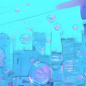 May include: A digital illustration of a city skyline with a blue background and many translucent bubbles floating in the air. The buildings are drawn in a sketchy style and are mostly light blue.