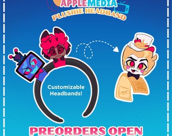 May include: A black headband featuring two plushie attachments: a blue television-headed character and a pink-haired character with red eyes. A separate light-colored character with a top hat is shown. Text reads APPLEMEDIA PLUSHIE HEADBAND.
