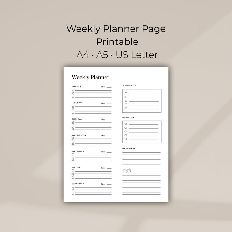 Minimal Weekly Planner Printable | A4 A5 US Letter (PDF Download) - Etsy