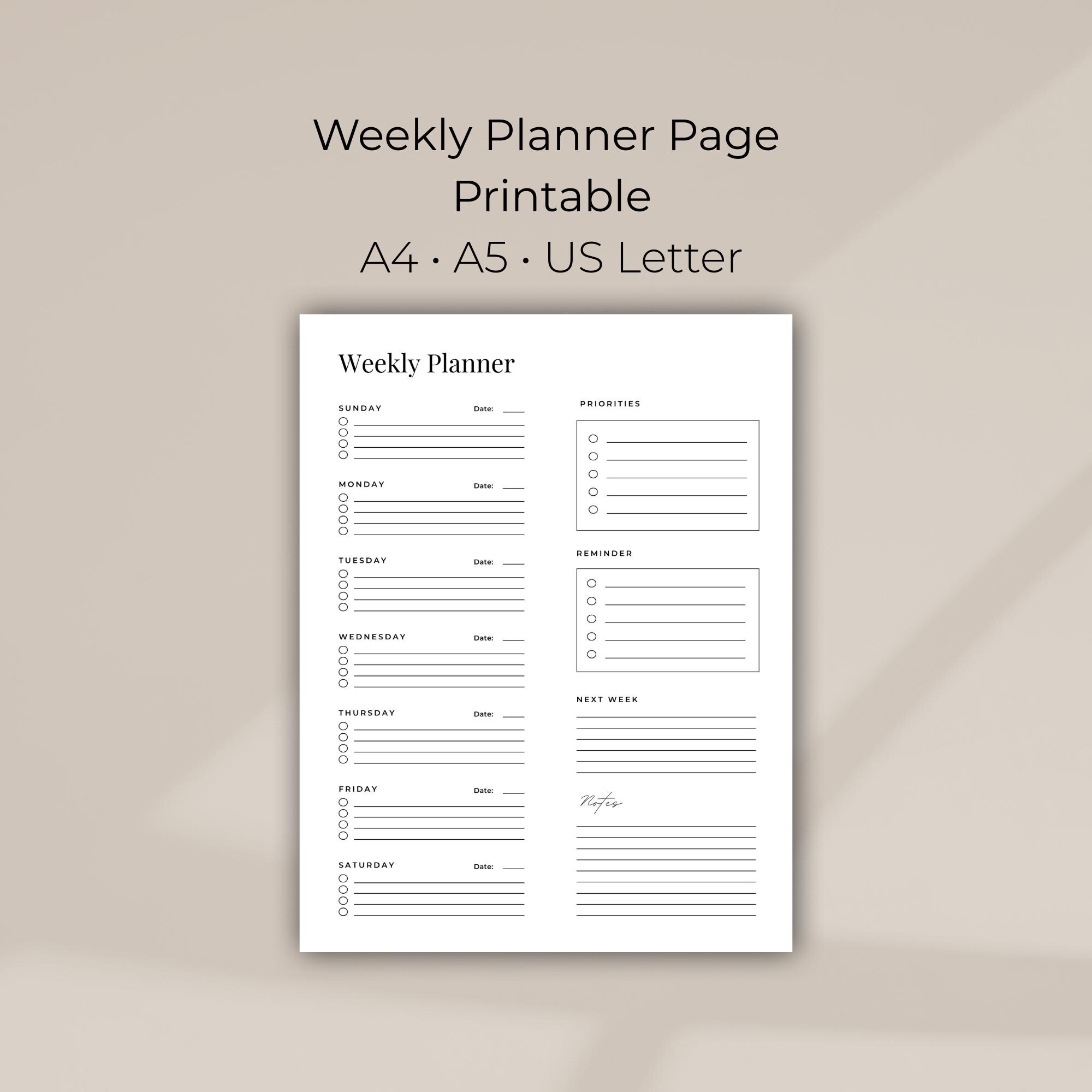 Minimal Weekly Planner Printable | A4 A5 US Letter (PDF Download) - Etsy