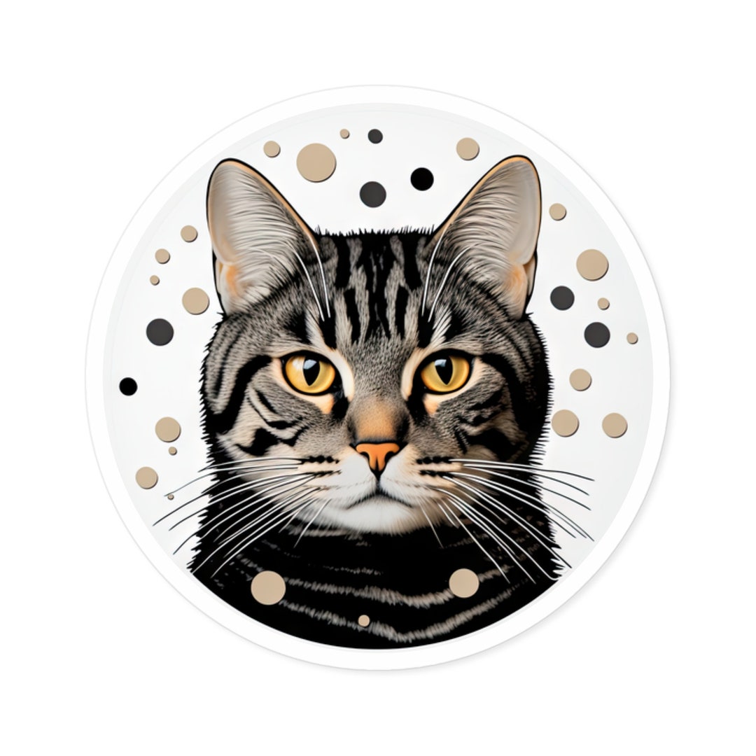 Cute Tabby Ragdoll Cat Sticker, Circle Sticker, Artistic, Black and ...