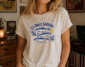 Vintage sardine graphic tee, good things come in tins tins