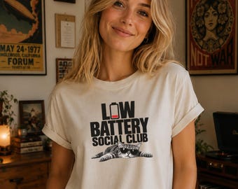 Low Battery Social Club Cat Lover Graphic Tee, Humorous Lounging Cat Design