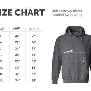 Size chart for unisex heavy blend hooded sweatshirt.