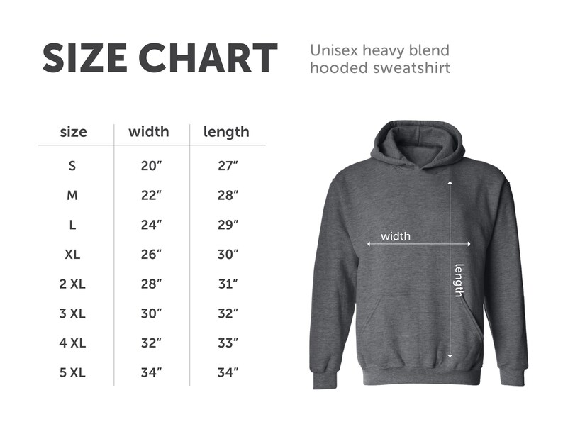 Size chart for unisex heavy blend hooded sweatshirt.