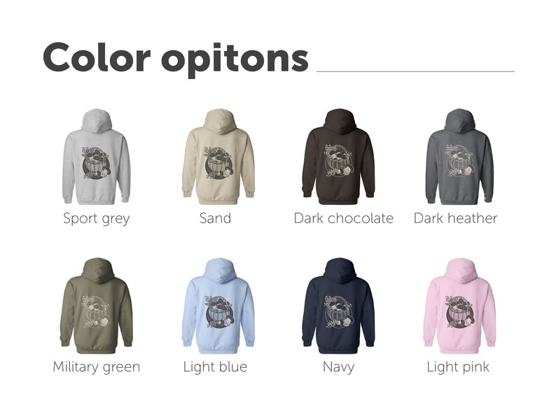 Mushroom hoodie color options.