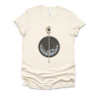 Frieren staff and blue flowers. Anime shirt